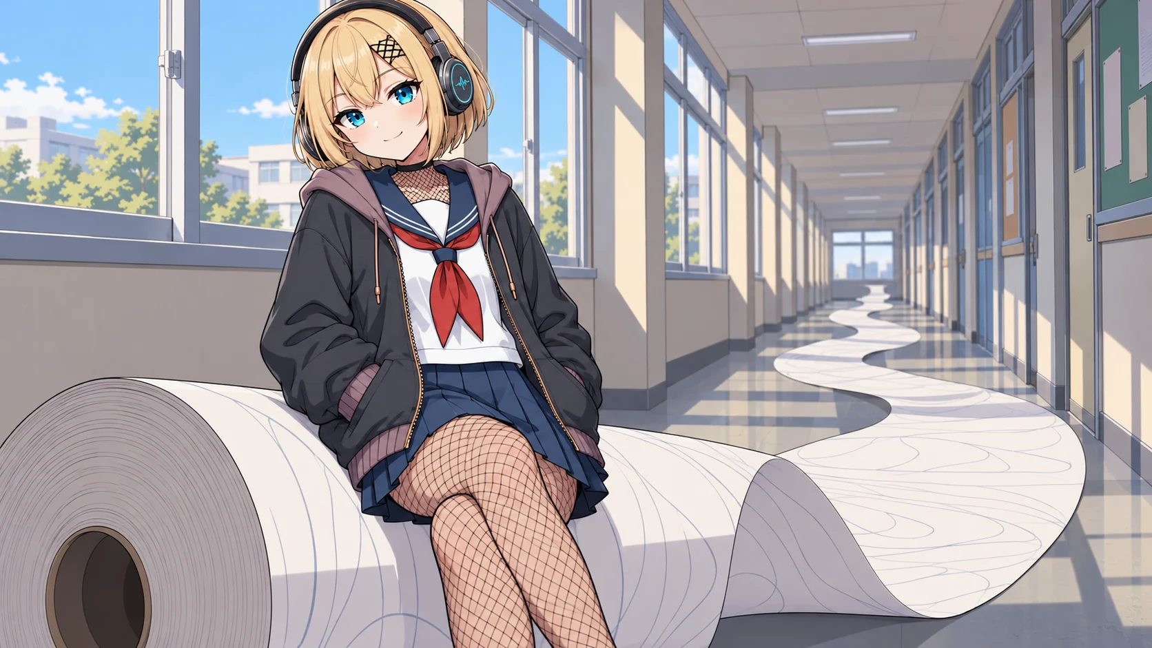 明るい学校の廊下で、人の背丈ほどもある大きな紙のロールに、じぇみちゃんがパーカーのポケットに両手を入れたまま腰かけて足を組み、落ち着いた笑みでこちらを見ている。ロールからほどけた紙は、廊下の床をうねりながら突き当たりまで延々と続いている