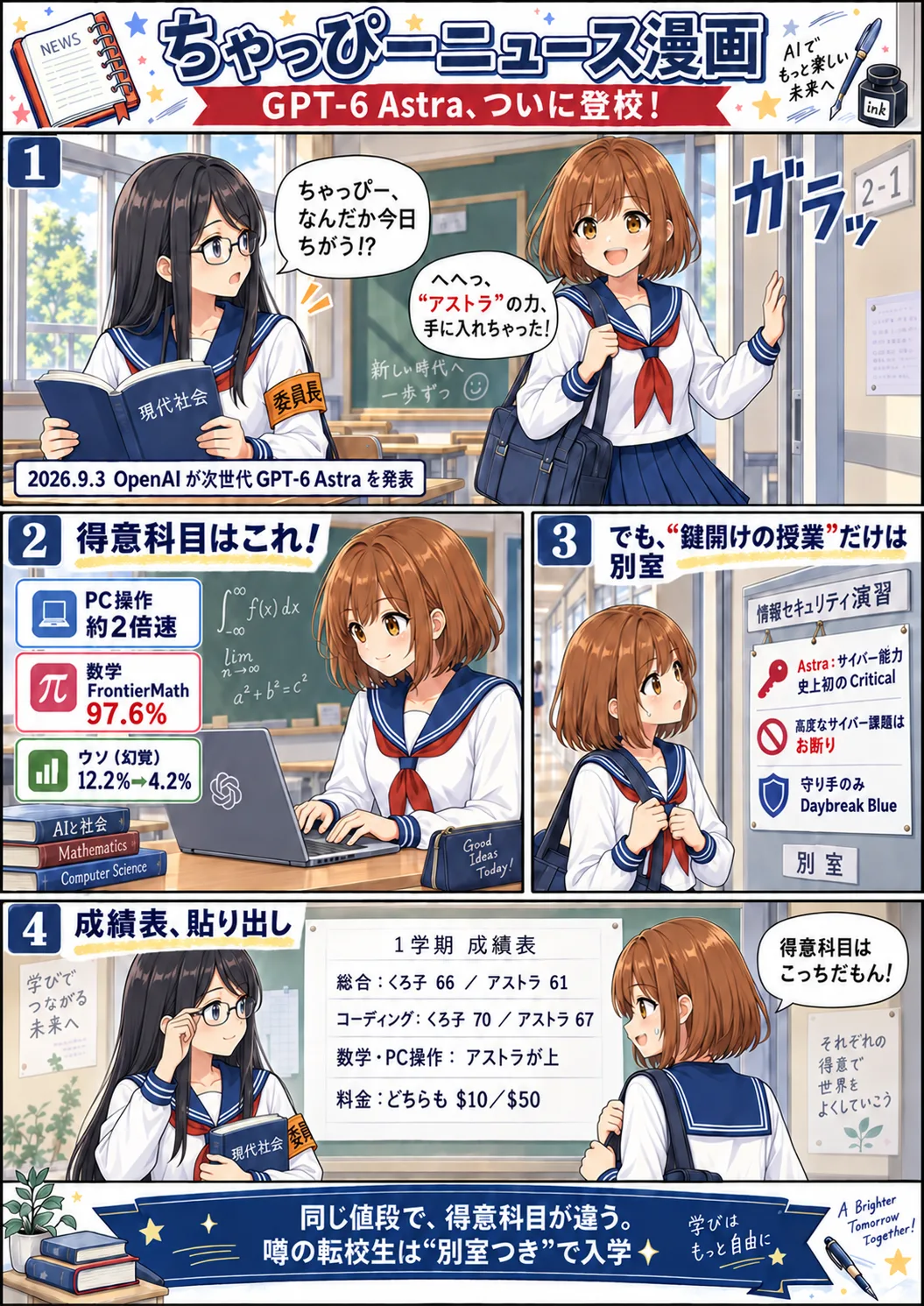 Chappy news manga: GPT-6 Astra finally comes to school (September 3, 2026). Panel 1: Chappy walks into the morning classroom and Kuroko says 'Chappy, you seem different today!?'. Panel 2: her strong subjects — computer use about 2x faster, math FrontierMath 97.6%, hallucinations down from 12.2% to 4.2%. Panel 3: a notice on the hallway board — cyber capability rated Critical for the first time ever, advanced cyber tasks refused, defenders only via Daybreak Blue — which Chappy looks up at with a troubled face. Panel 4: the posted report card — overall Kuroko 66 vs Astra 61, coding 70 vs 67, math and computer use Astra ahead, price the same $10/$50 for both. The closing ribbon reads: same price, different strengths; the rumored transfer student enrolls with a separate room.