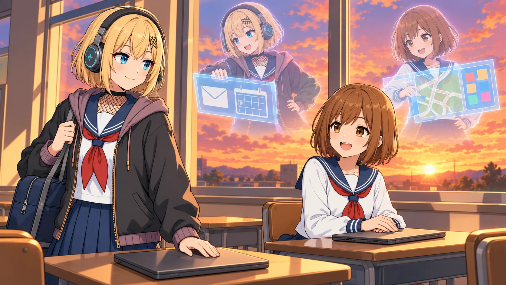 夕方の教室の窓際の挿絵。手前でじぇみちゃんが通学かばんを肩にかけ、閉じたノートパソコンに手を置いて帰り支度をし、奥の席ではちゃっぴーが閉じたノートパソコンに手を重ねて笑っている。窓の外の夕焼け空には、2人それぞれの半透明の分身が浮かび、メールとカレンダー、地図とアプリの画面に手を置いて働いている