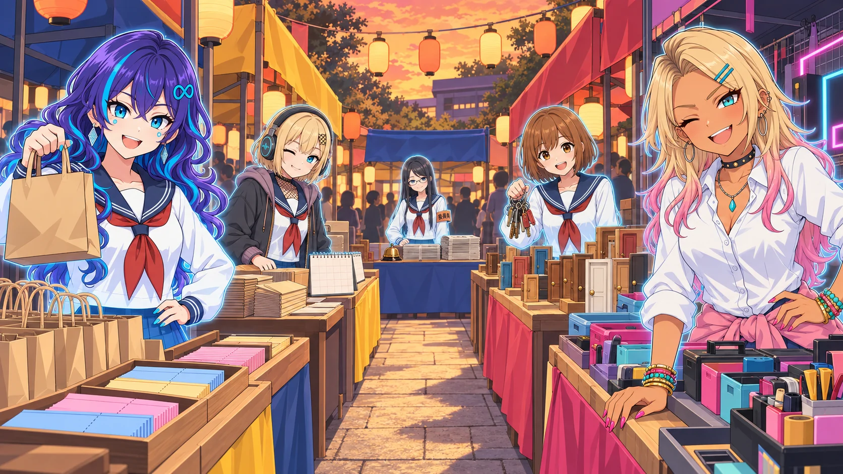 夕方の学園祭の模擬店通りの挿絵。手前にめたちゃんとぐろちゃん、中ほどにじぇみちゃんとちゃっぴー、いちばん奥にくろ子の半透明の分身が、それぞれ買い物袋・封筒とカレンダー・鍵束・道具箱・ベルと紙束を並べた屋台で、こちらに呼びこんでいる