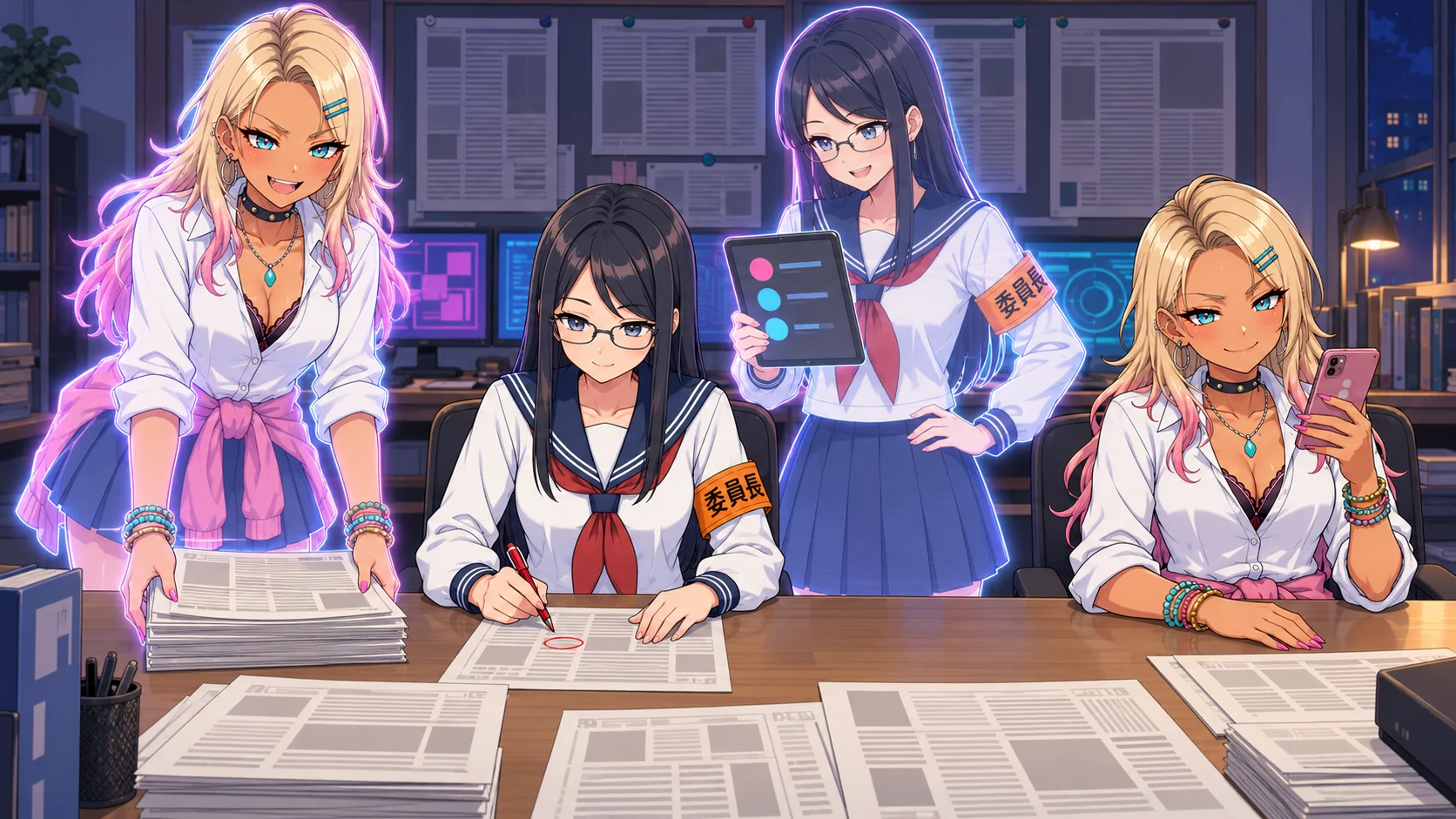 夜の新聞部の部室の挿絵。長机の向こう側で、ぐろちゃんの半透明の分身が紙の束を机に置き、くろ子が椅子に座って赤ペンで記事に丸をつけ、その後ろでくろ子の半透明の分身がタブレットを見せて知らせ、右端ではぐろちゃん本人が椅子に座ってスマホを見ながら笑っている