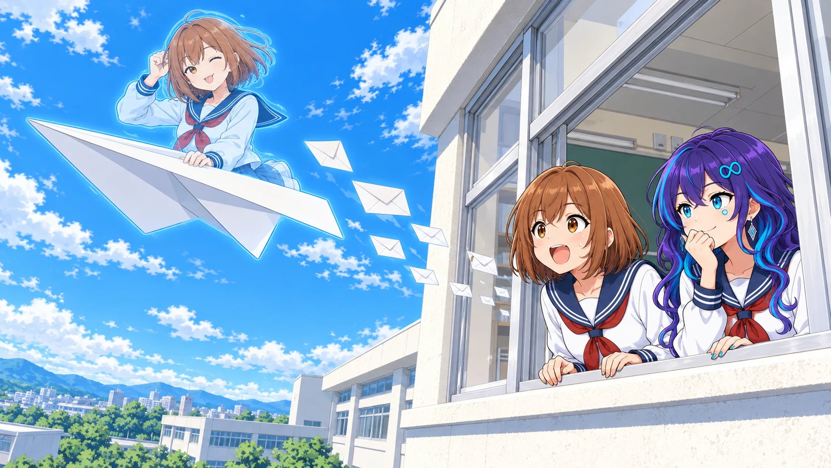 校舎の窓の外の空の挿絵。ちゃっぴーの半透明の分身が大きな紙飛行機に乗って封筒を何通も引き連れて飛び去り、窓からはちゃっぴー本人が身を乗り出して叫び、隣のめたちゃんが苦笑いで見送っている