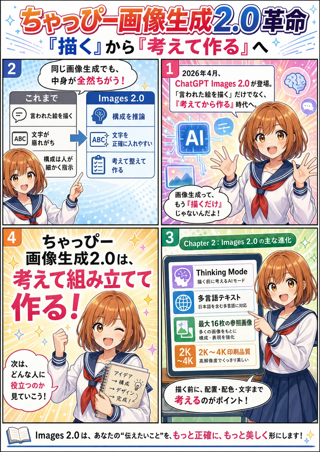 ちゃっぴー画像生成2.0革命「描く」から「考えて作る」へ ── これまでとの違い、Thinking Mode・多言語テキスト・16参照画像・2K-4Kなど主な進化を漫画で説明