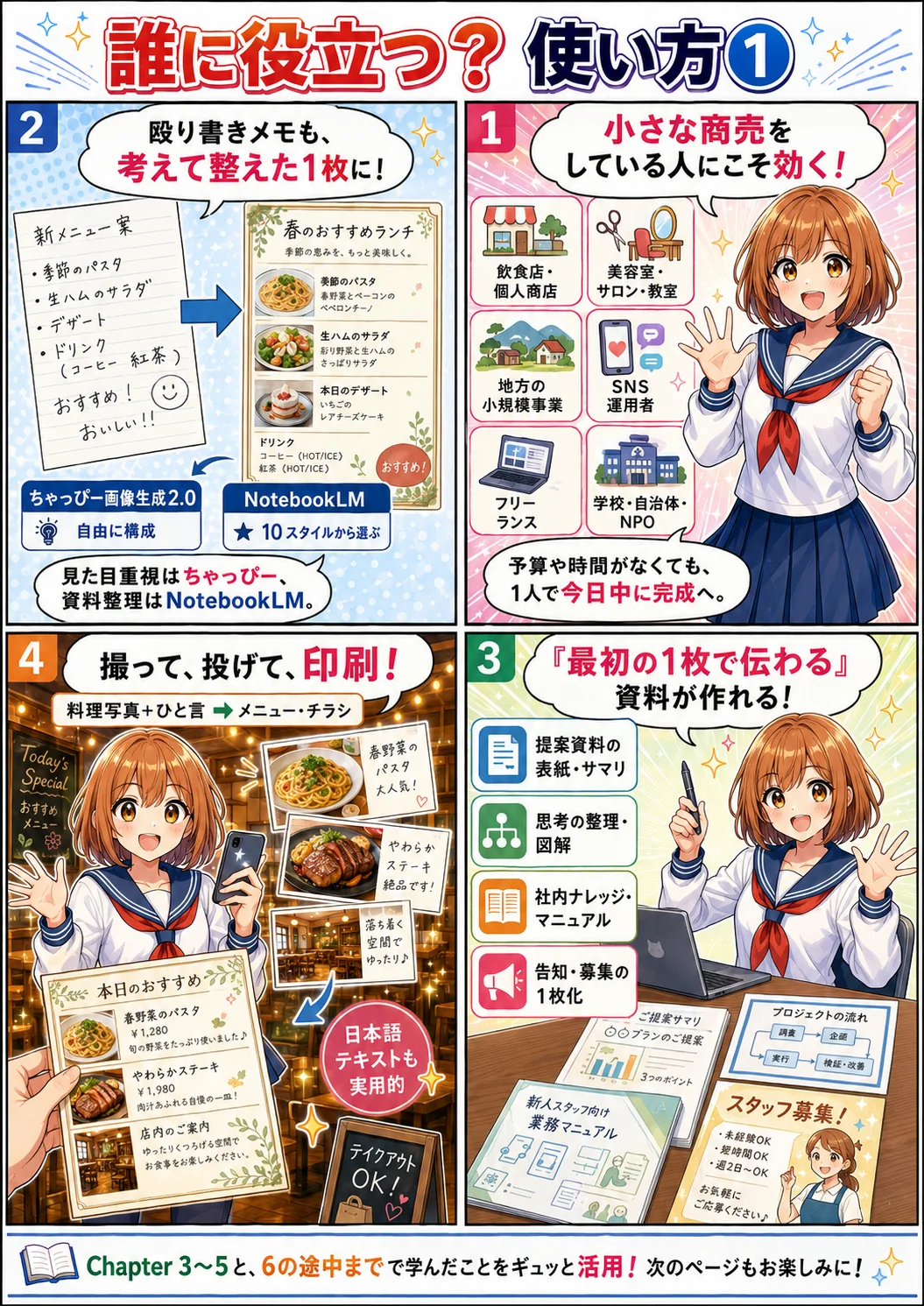 誰に役立つ？使い方① ── 小さな商売の現場、メモ書き→インフォグラフィック化（ちゃっぴー画像生成2.0／NotebookLM）、スマホで撮った料理写真→メニュー・チラシまでを漫画で説明