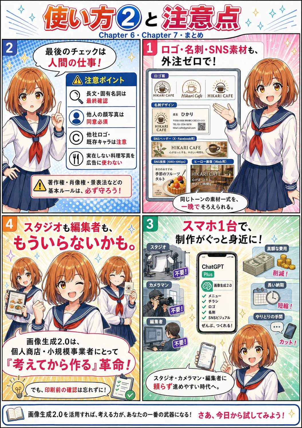 使い方②と注意点 ── ロゴ・名刺・SNS素材を外注ゼロで、スマホ1台で制作が身近に、注意点（テキスト最終確認・肖像権・商標・景表法）、まとめ「スタジオもカメラマンも編集者ももういらないかも」を漫画で説明
