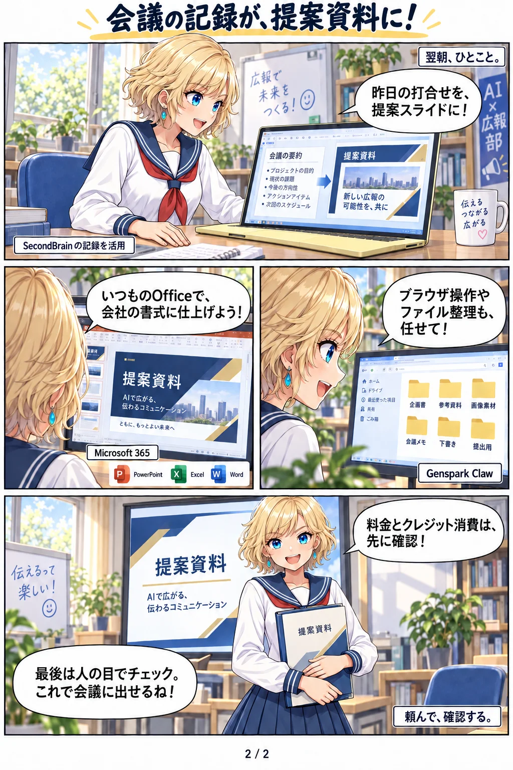 会議の記録が、提案資料に！翌朝ひとことで昨日の打合せを提案スライドに、Microsoft 365で会社の書式に仕上げ、Genspark Clawでブラウザ操作やファイル整理、最後は人の目でチェックを漫画で説明