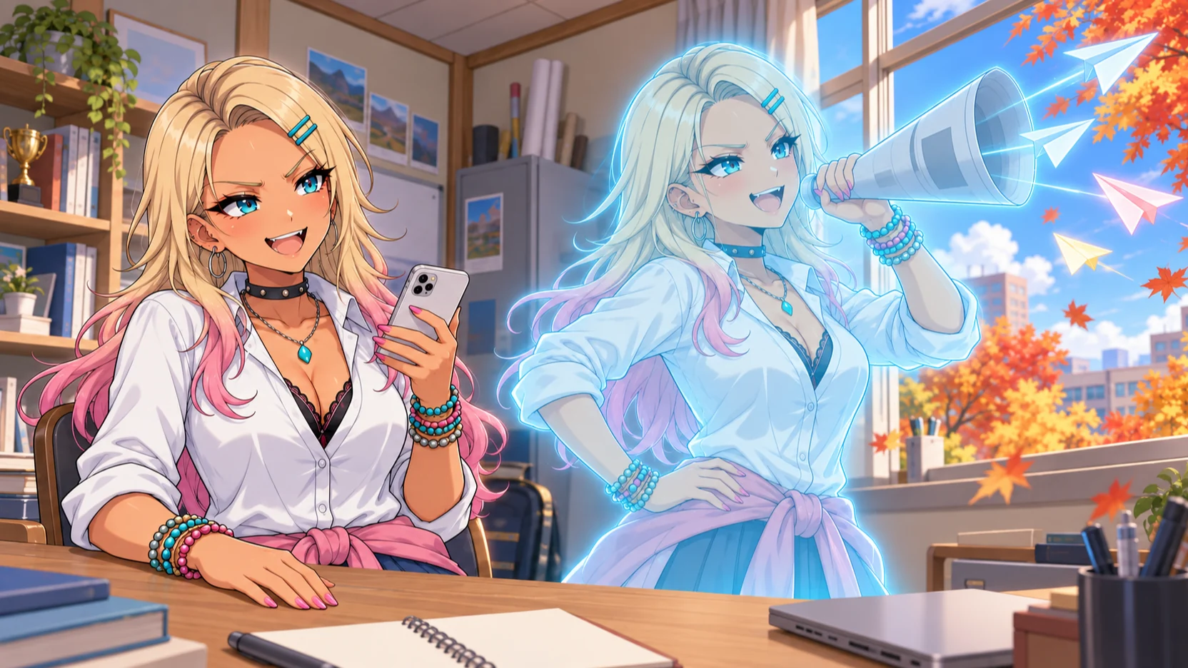 秋の部室の挿絵。ぐろちゃんが机の前の椅子に座り、スマートフォンを片手に余裕の笑みで横を見ている。もう片方の手は机の上。その隣で、同じ姿のシアンに光る半透明のホログラムの分身が、片手を腰に当て、丸めた新聞をメガホンにして窓の外へ叫び、光る紙飛行機が紅葉の空へ飛んでいく