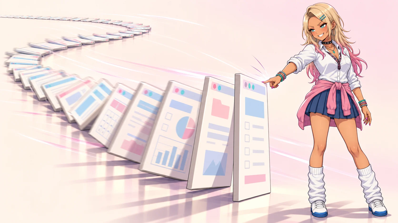 ぐろちゃんが、ドミノのように並んだ書類やウィンドウの列を指1本で押し倒し、次々に連鎖して倒れていく様子