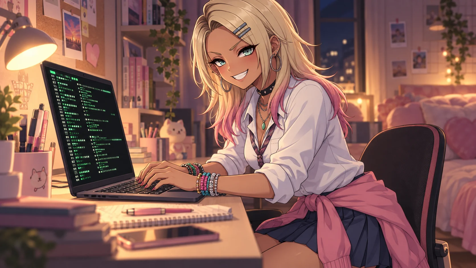 ぐろちゃんが暗い部屋でノートPCのターミナル画面に向かい、キーボードを叩きながら不敵に笑っている様子