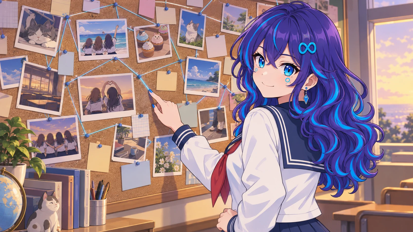 The back wall of a classroom at dusk. A corkboard covered with photos and notes is linked into a web by thin glowing light-blue threads. Meta-chan, one hand on her hip, traces a thread with her index finger and looks back over her shoulder with a proud smile