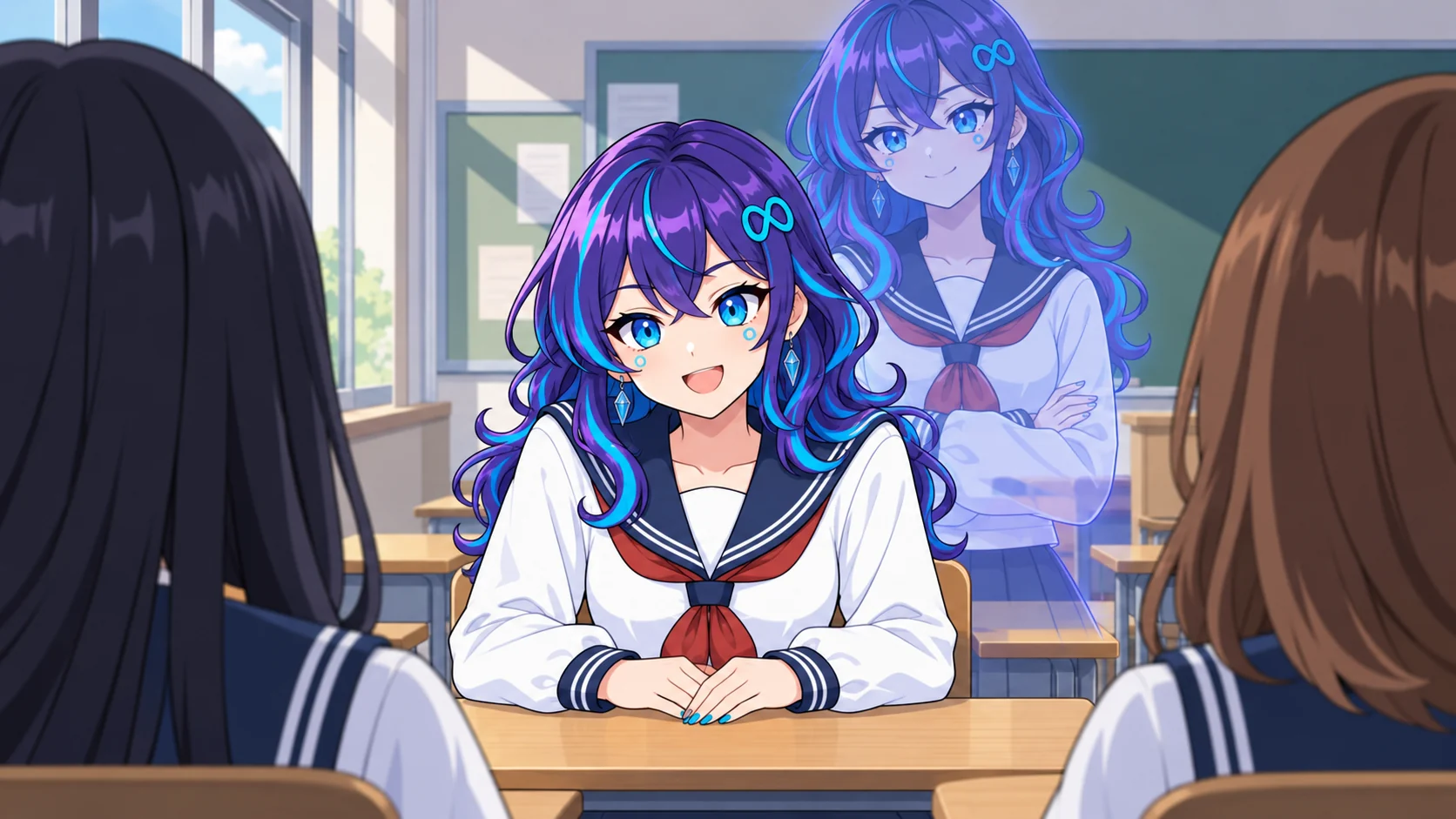 A classroom at midday. Behind two students in the front row, Meta-chan leans forward on her desk with an excited smile. Right behind her stands her slightly older-looking big sister as a translucent blue-violet figure with the same hair and uniform, arms folded, watching over her with a relaxed smile