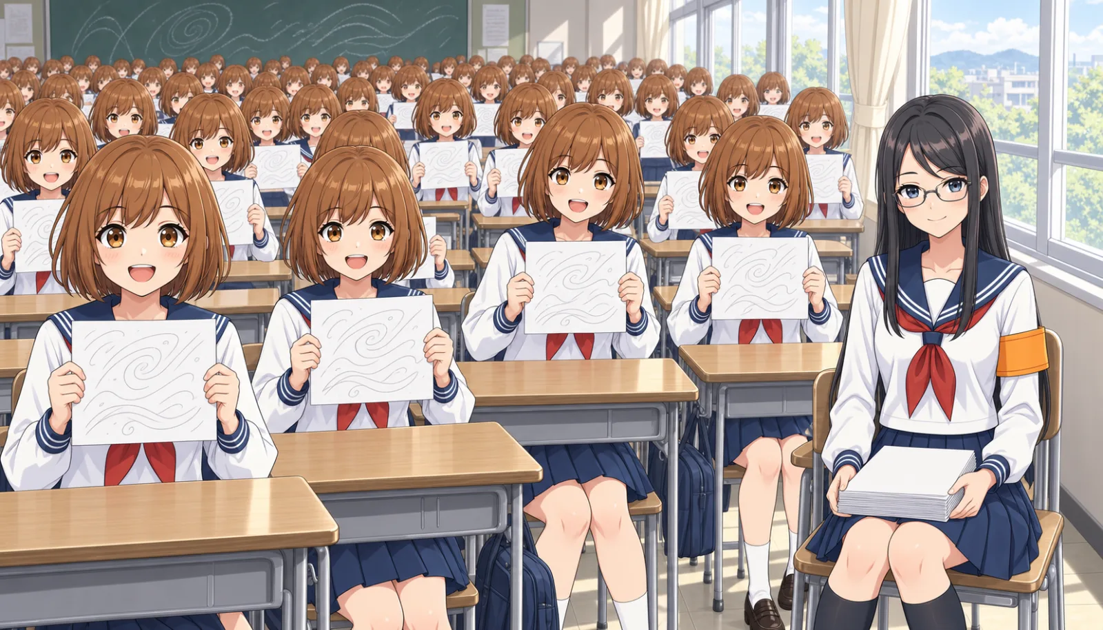 教室いっぱいに並んだ同じ姿のちゃっぴーたちが同じ答案を掲げ、窓際でくろ子が清書した原稿を膝に置いて微笑んでいる挿絵