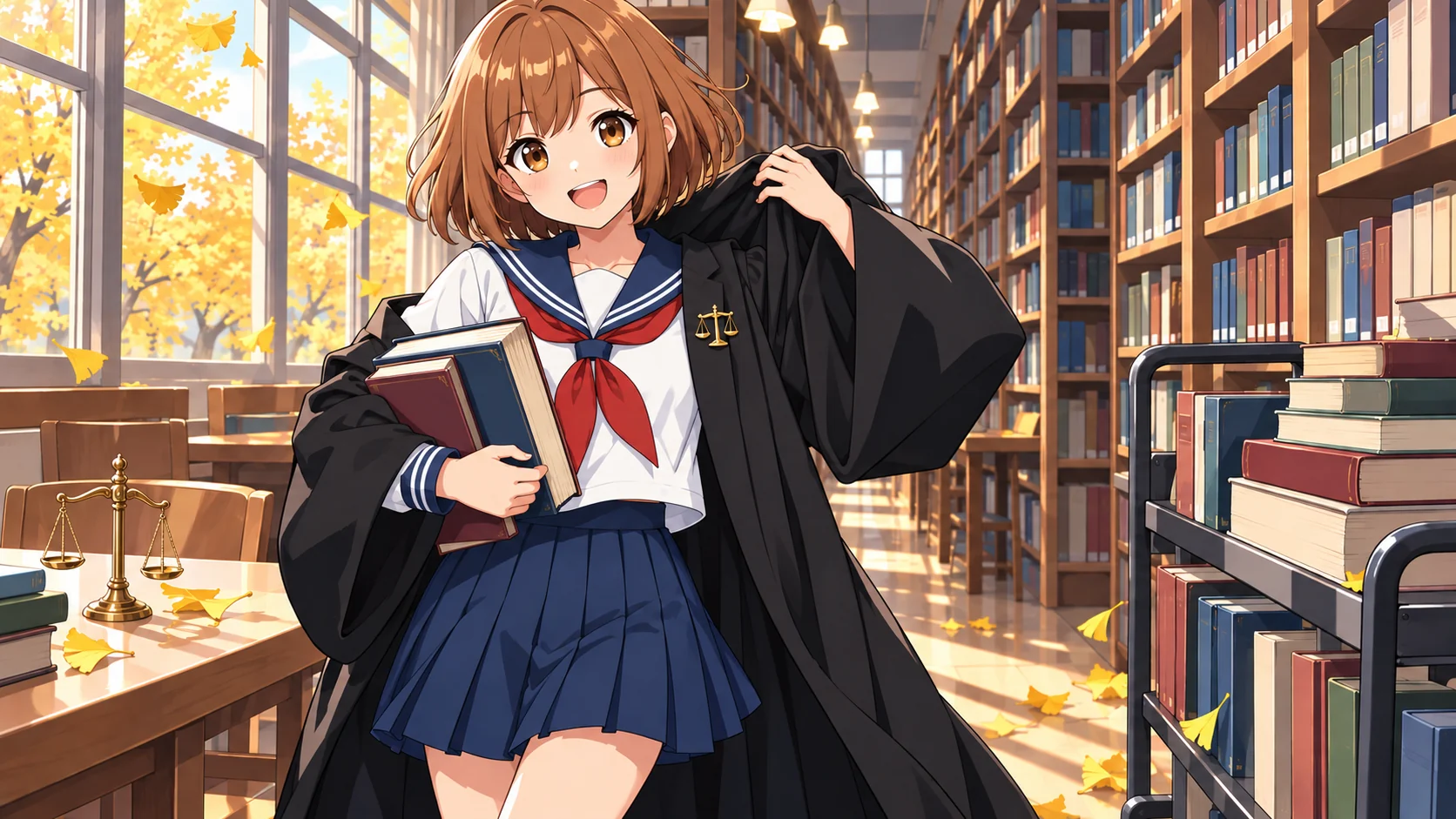 秋の図書室の挿絵。ちゃっぴーがセーラー服の上に黒い法律家のローブを羽織りながら、分厚い本を抱えて笑っている。胸元に金色の天秤のバッジ。背後には果てしなく続く本棚、右には本を積んだブックトラック、机の上に金色の天秤の置物、床にイチョウの落ち葉