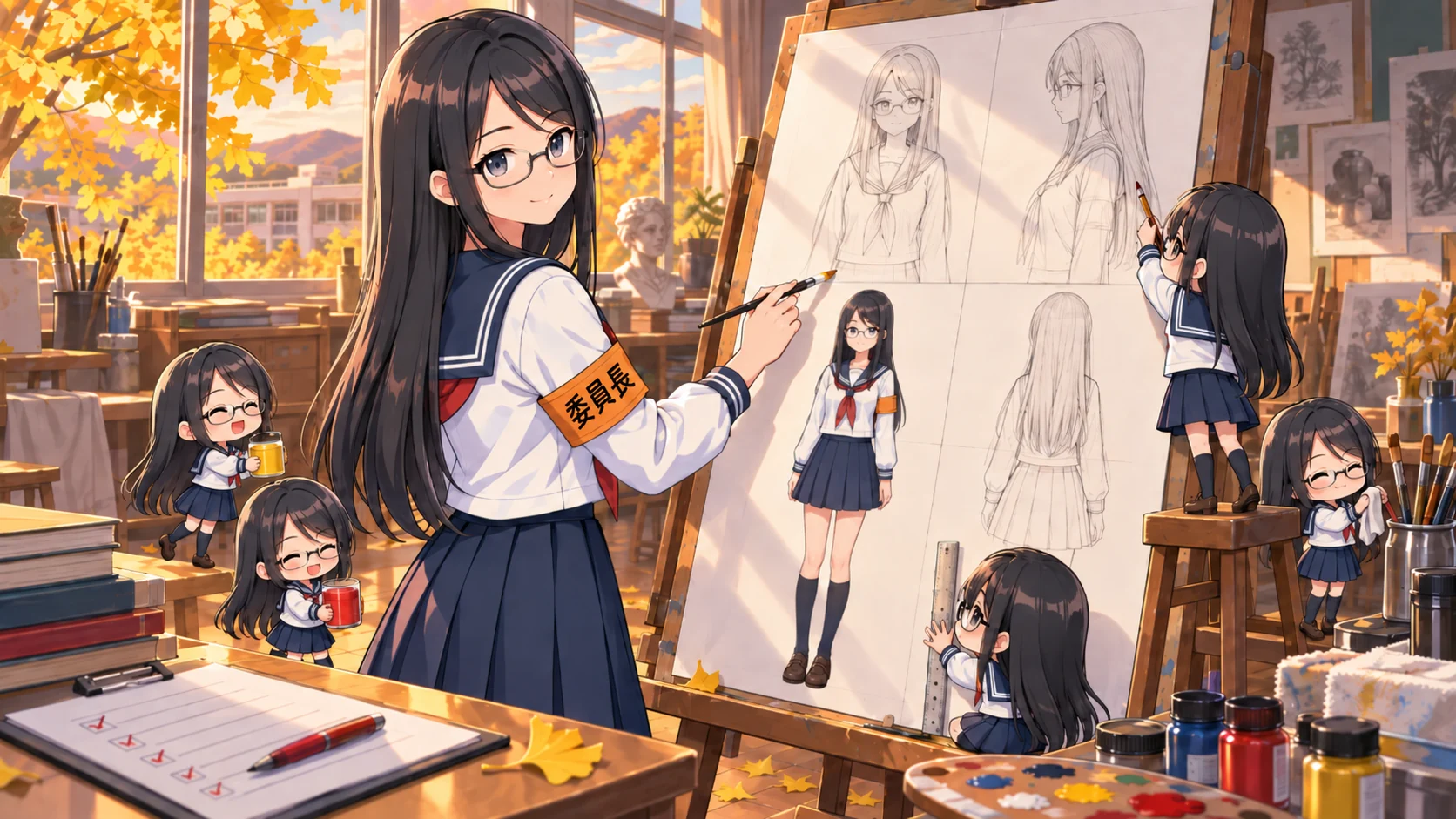 放課後の美術室の挿絵。くろ子がイーゼルに立てた大きな紙に筆を入れている。紙には次のくろ子の設計図が4つのブロックに描かれ、左下のブロックだけがフルカラーで完成し、残りは鉛筆の下書きのまま。まわりで小さなちびくろ子たちが絵の具や定規を運んで手伝い、手前の机には赤ペンとチェック済みのクリップボード。窓の外はイチョウ