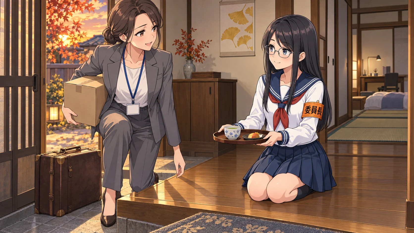 和風の家の玄関の挿絵。上がり框に正座したくろ子がお盆に載せたお茶を差し出し、グレーのパンツスーツに身分証ストラップの先生が段ボール箱を抱えて上がり込むところ。土間に大きな革のトランク、壁にはイチョウの絵の掛けカレンダー、廊下の奥に布団と机の和室、外は秋の夕焼け