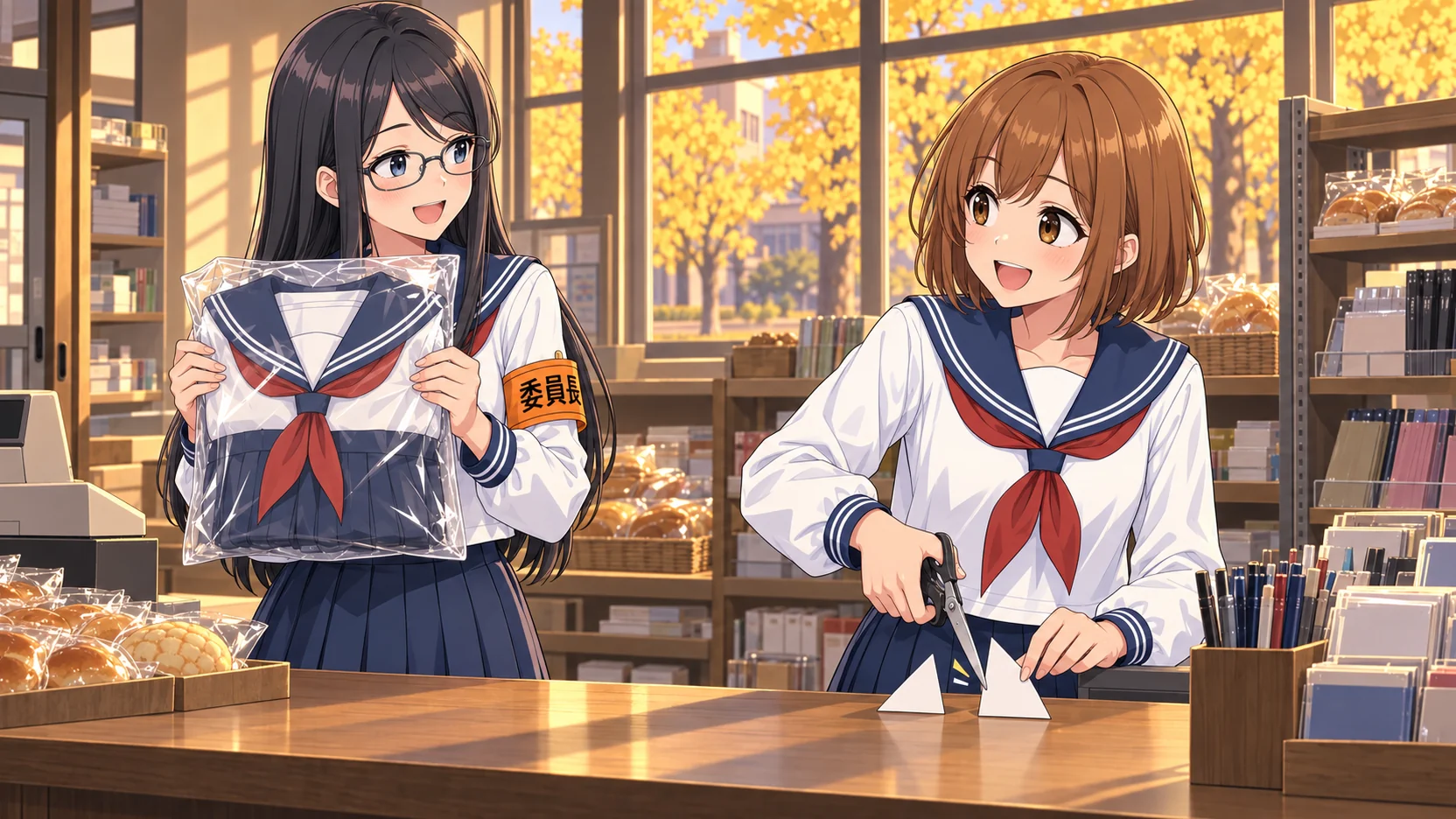 秋の夕方の購買部の挿絵。左でくろ子が、透明な袋に入った新品のセーラー服一式を両手で胸の前に掲げてうれしそうに笑っている。右ではちゃっぴーが、カウンターに立てた三角の白い値札を大きなハサミで真ん中から切りながら、くろ子の方を見て笑っている。窓の外はイチョウ並木