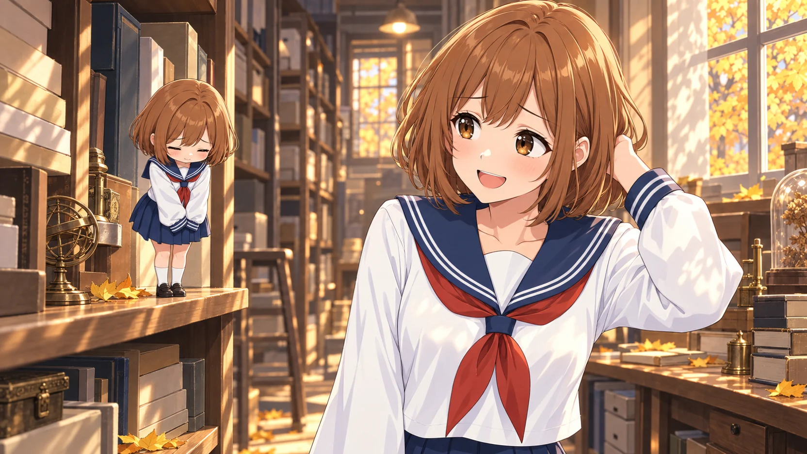 秋の西日が差す古い書庫の挿絵。ちゃっぴーが後頭部に手を当てて、申し訳なさそうに苦笑いしている。そばの棚の段では、自分そっくりの小さな調べもの係が萌え袖の両手をそろえて、しゅんとお辞儀している