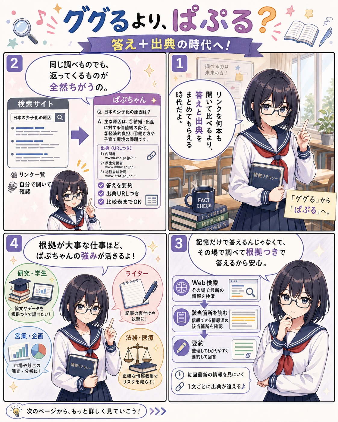 ググるより、ぱぷる？答え＋出典の時代へ。検索サイトとの違い、ハルシネーション抑制、おすすめの職種を漫画で説明